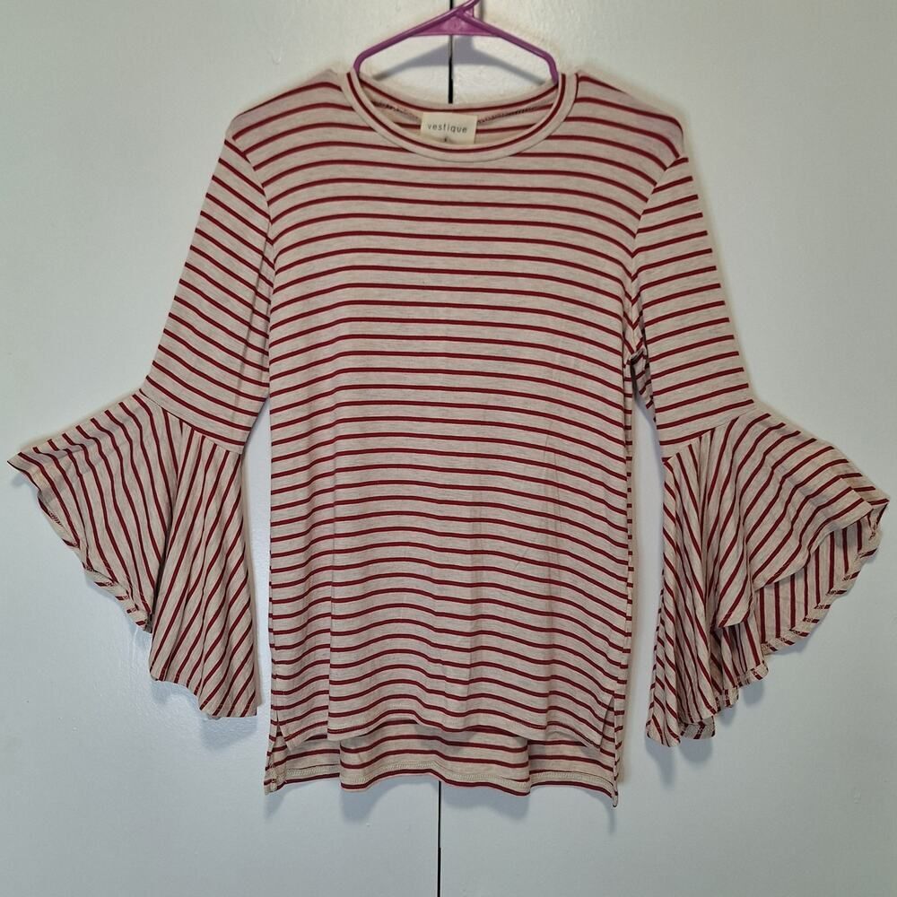 Vestique Red & Cream Striped Shirt With Bell Sleeves NWT